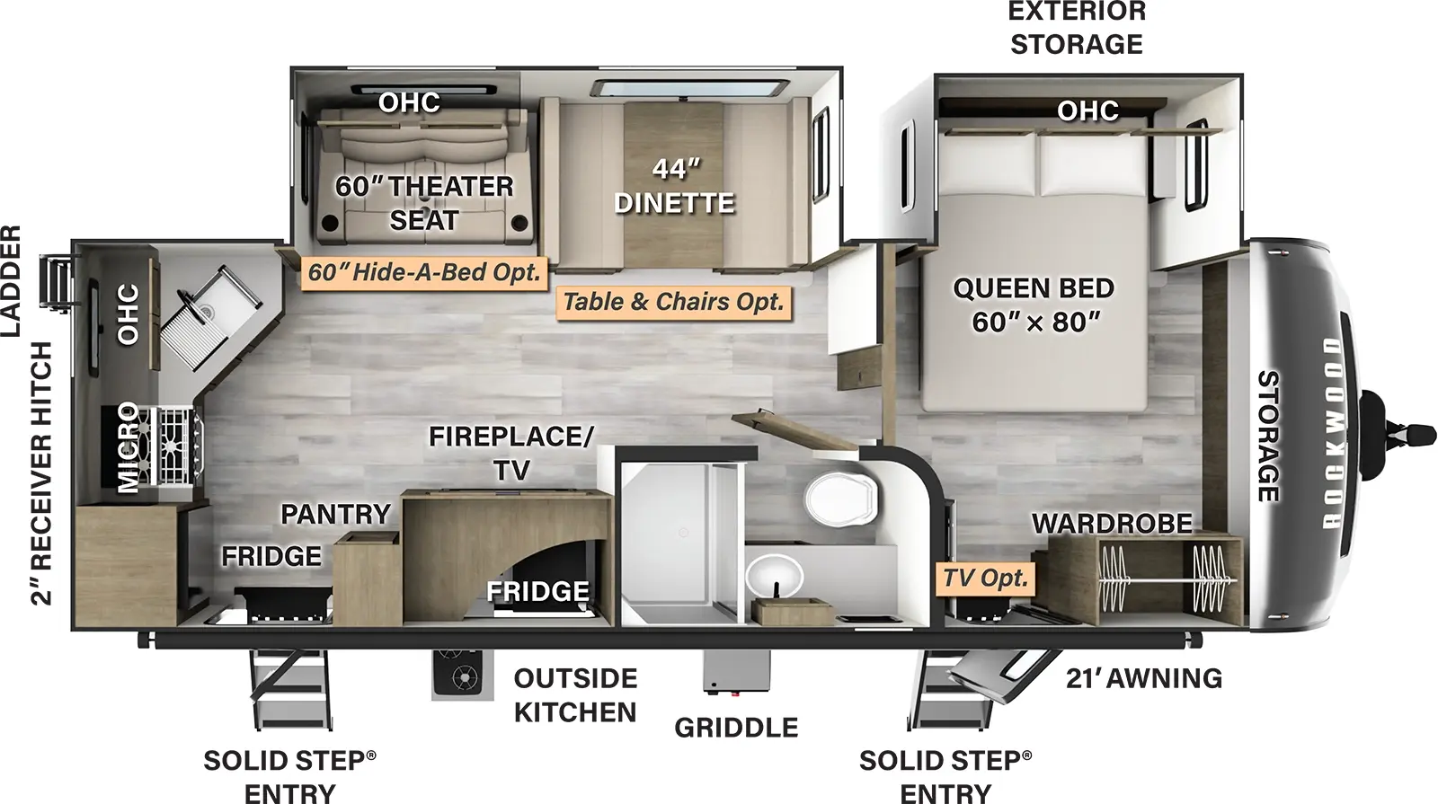The 2614BS has two slideouts and two entries. Exterior features a 21 foot awning, solid step entries, outside kitchen with refrigerator, exterior storage, griddle, rear ladder, and 2 inch receiver hitch. Interior layout front to back: front bedroom with front storage, door side entry and wardrobe, and off-door side queen bed slideout with overhead cabinets (TV optional); door side full bathroom; off-door side slideout with dinette (table and chairs optional) and theater seating (hide-a-bed optional) with overhead cabinet; door side TV and fireplace, pantry and second entry; rear kitchen with sink, microwave, cooktop, refrigerator, and overhead cabinets.